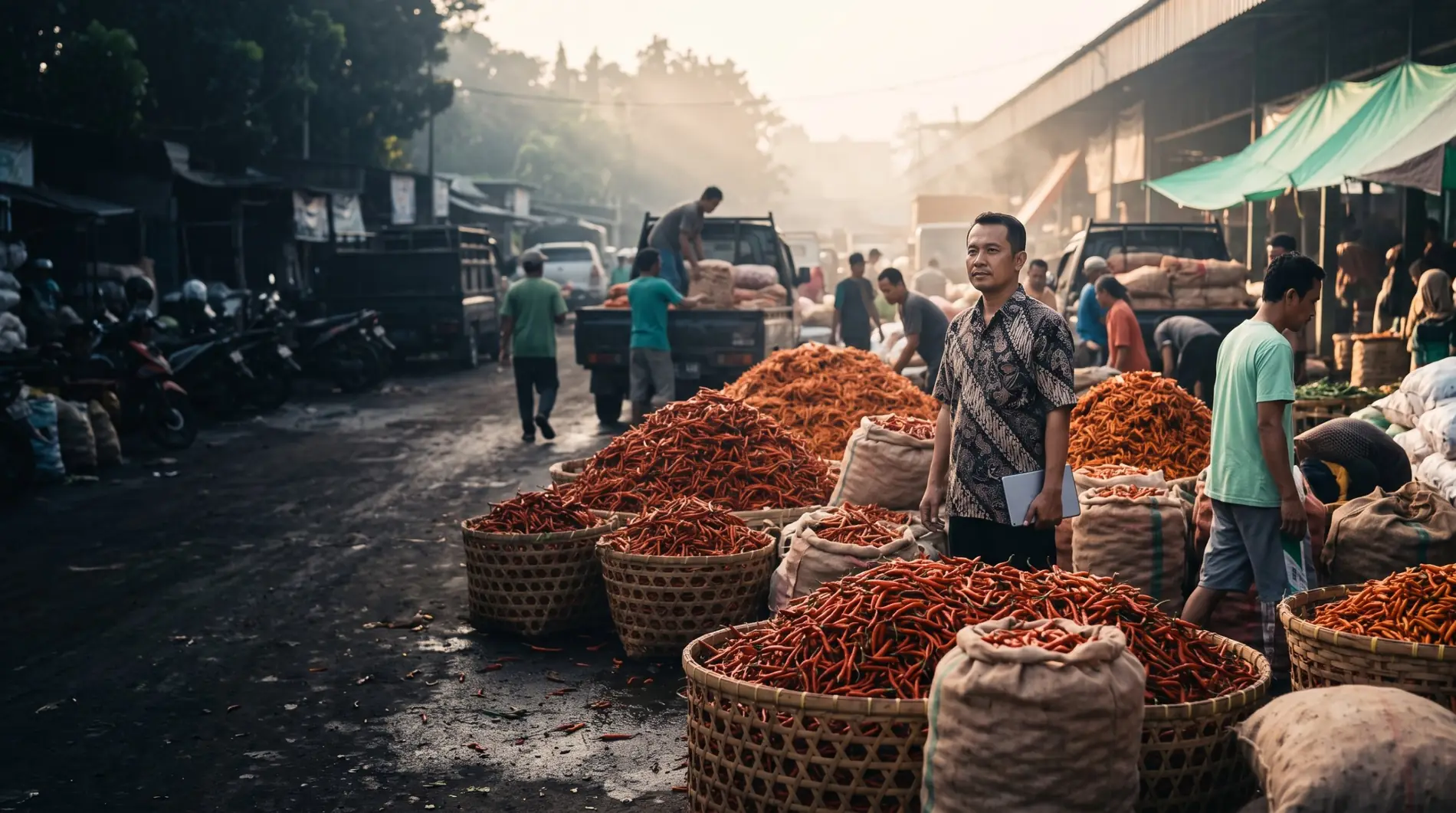Pasar grosir cabai saat panen raya, tumpukan cabai merah di keranjang bambu dan seorang pemilik usaha mengamati