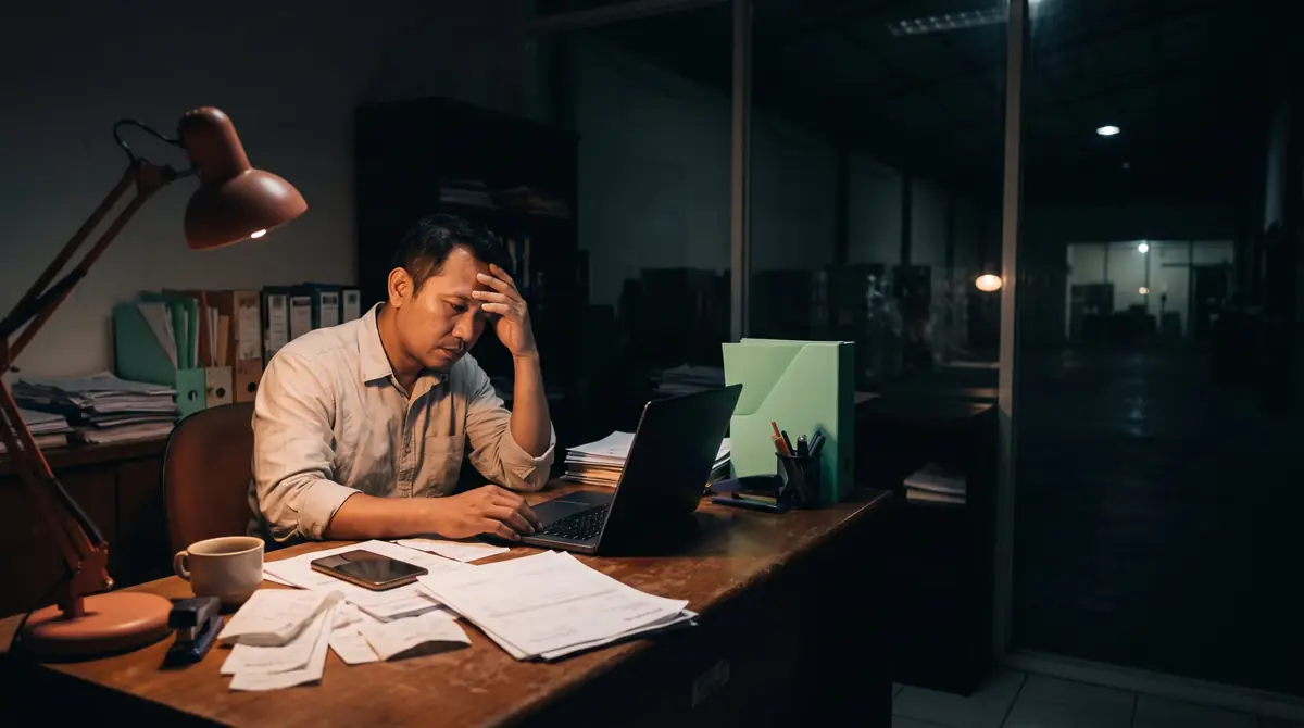 Pemilik usaha lembur sendirian di kantor, memeriksa tumpukan tagihan yang belum dibayar