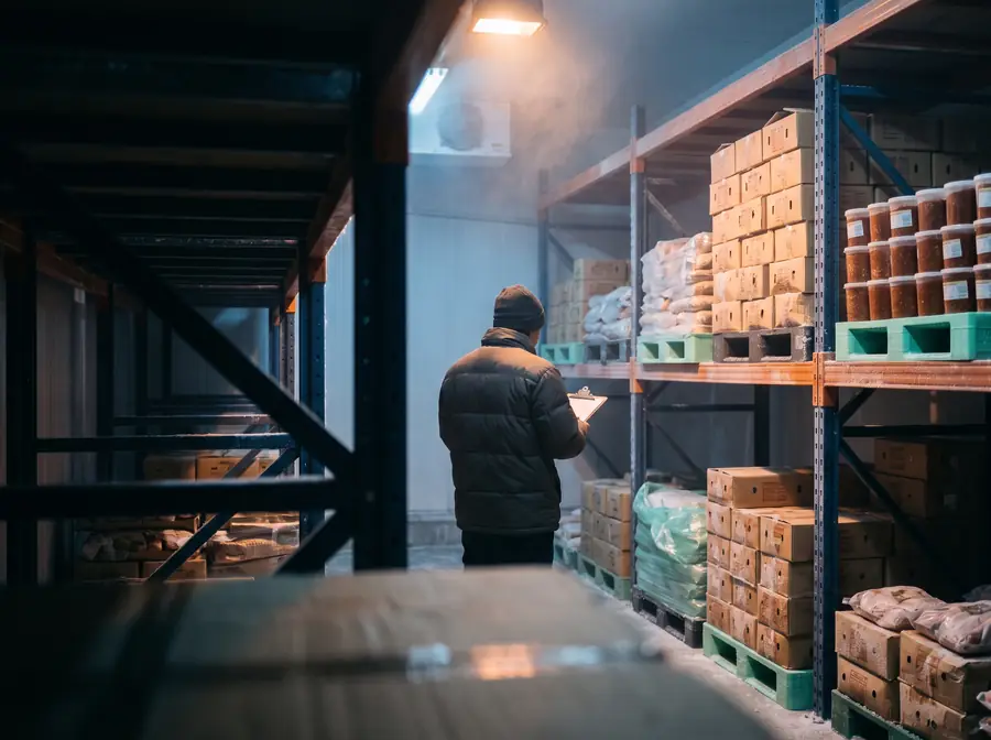 Petugas memeriksa stok ayam beku dan pasta cabai di rak cold storage